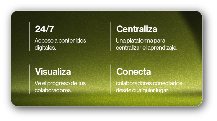 24/7: acceso a contenidos digitales · Centraliza el aprendizaje · Visualiza el progreso · Conecta colaboradores